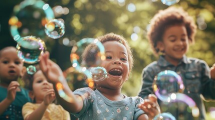 Fototapeta premium Children playing with bubbles outdoors