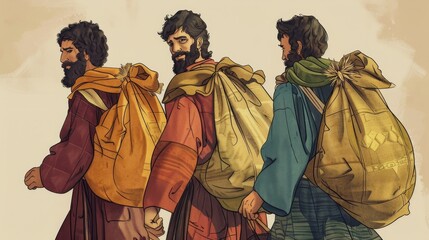 Fototapeta premium Genesis,Joseph's Brothers Go to Egypt,Artistic Depiction of the Revelation of Money in Sacks, Highlighting Themes of Guilt and Divine Plan,Christian banner