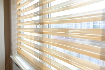 Wooden blinds on large windows, sunlight. Elegant living room interior with houseplants, wood blinds. Motorized jalousie in the smart house. Modern window shutters, roller. Duo system day and night.