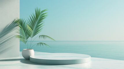 Fototapeta na wymiar Empty podium for product presentation with palm leaves