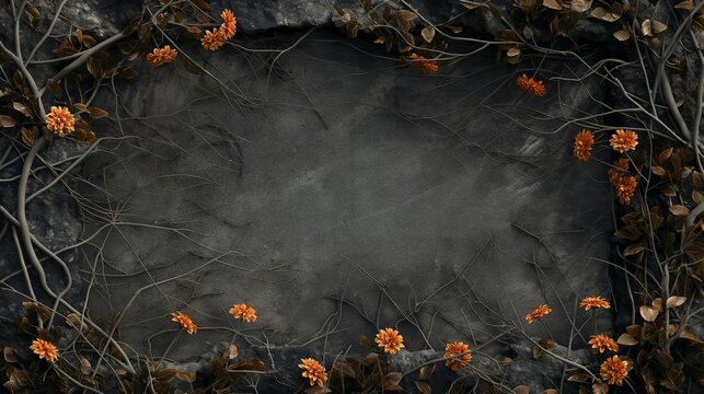 Gothic dark fantasy background framed with dry branches and orange flowers dried