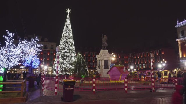 VALLADOLID, SPAIN - DECEMBER 5 2017: Plaza Mayor (Main Square) before Christmas and New Year holidays. Plaza Mayor is presided over by statue of founder of city, Pedro Ansurez by Aurelio Carretero.