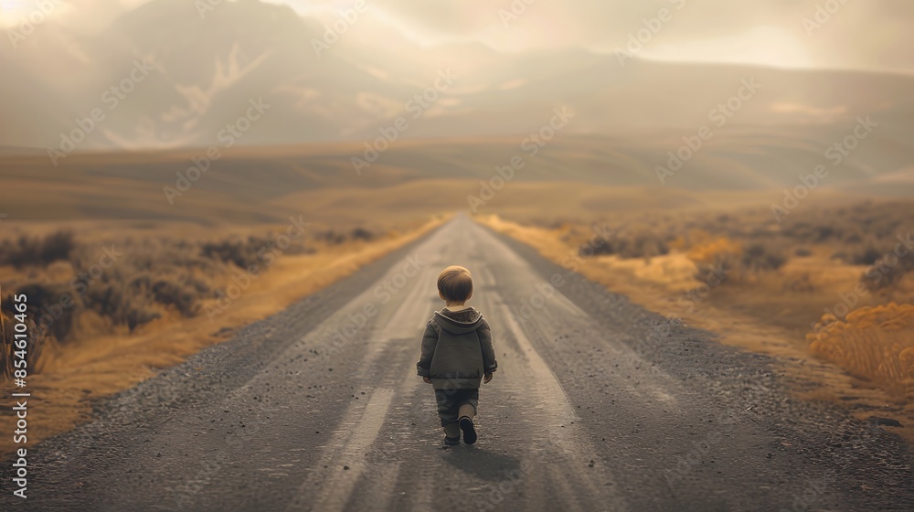 Wall mural Happy little boy playing on the road at the day time.