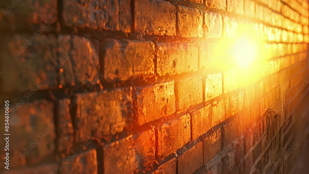 Poster a textured view of a brick wall with warm sunlight peeking through the gaps and creating a glowing e