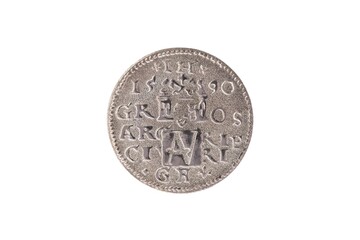 Closeup of front of reproduction of 3 groschem coin from Riga, Latvia, from 1590.