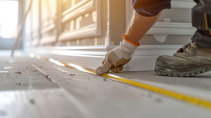 A worker measures the floor with a tape measure.