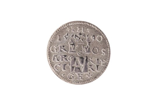 Closeup of front of reproduction of 3 groschem coin from Riga, Latvia, from 1590.