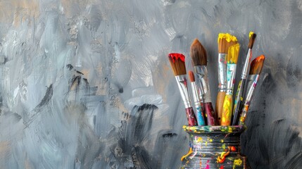 Colorful paintbrushes on light gray backdrop with vase Horizontal photo