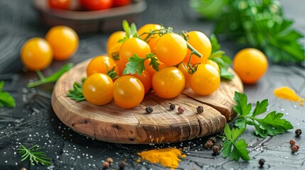 Yellow tomatoes on the kitchen board