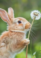 Fototapeta premium Close-up of a fluffy bunny with a dandelion against a blurred green background. Ideal for pet content, nature scenes, and animal lover materials.