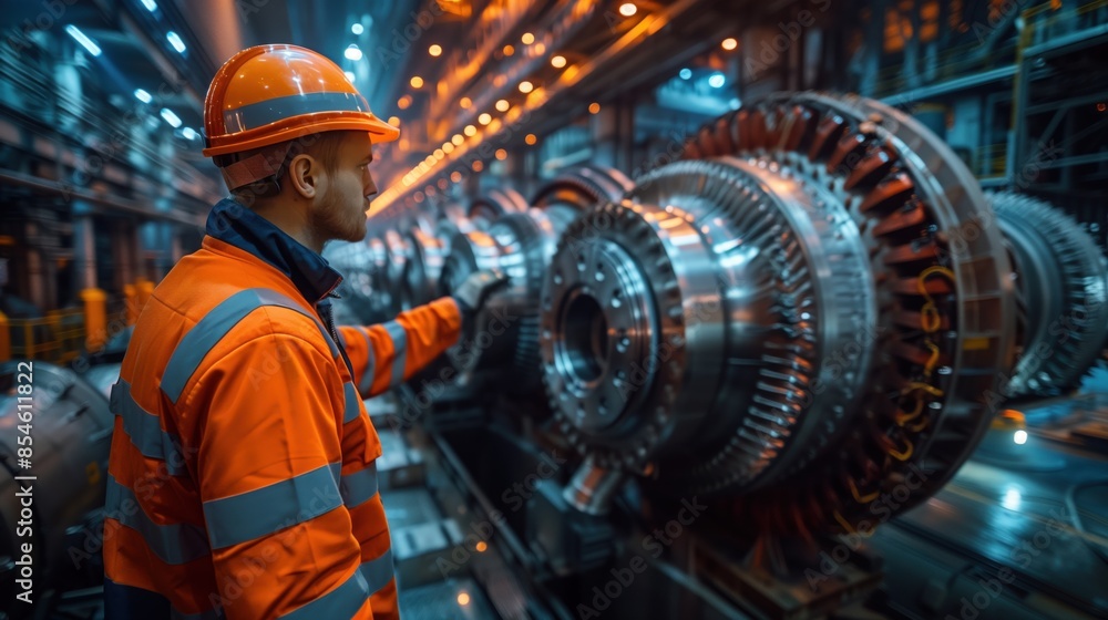 Poster engineer operating turbine in factory. engineer in an orange jacket operates a turbine in a factory,