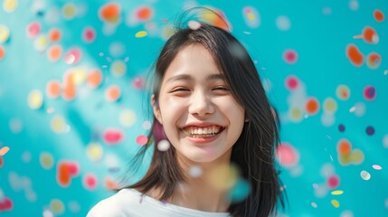 young smiling asian woman confetti blue background bokeh