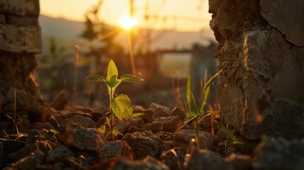 Fototapeta premium Small Plant Emerging in War Zone Ruins, Signifying Hope and Peace