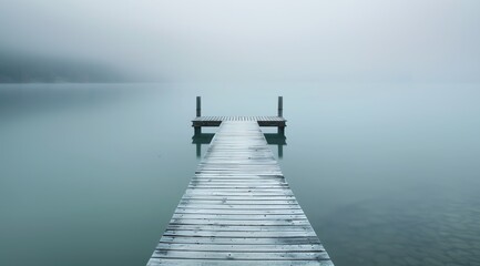 Obraz premium Old Wooden Pier Reaching into Calm Misty Lake with Faded Shoreline and Soft Reflections in Peaceful Blue-Green Minimal Landscape