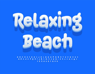 Vector creative poster Relaxing Beach. Playful 3D Font. Funny White Alphabet Letters and Numbers set.