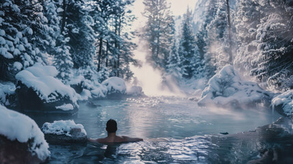 Fototapeta premium A person enjoying a hot spring in a secluded forest