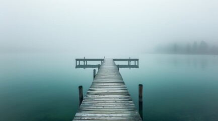 Fototapeta premium Symmetrical Wooden Dock Leading into Turquoise Misty Lake with Foggy Forest Silhouette and Calm Reflections in Peaceful Minimal Scene