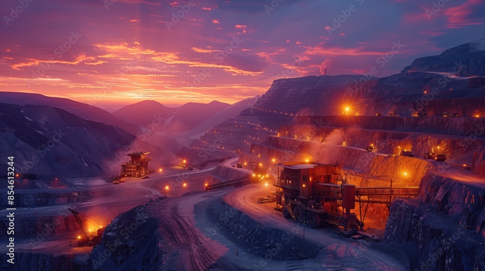 Poster illuminated quarry at dawn. expansive quarry illuminated at dawn, with glowing lights highlighting m