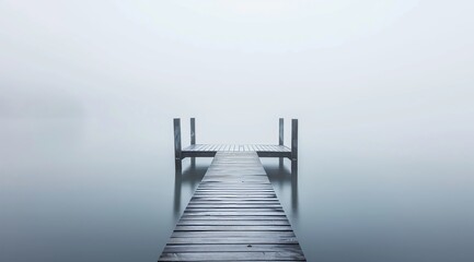 Obraz premium Weathered Wooden Pier Extending into White Misty Lake with Faint Reflections and Soft Horizon in Calm Minimal Foggy Landscape