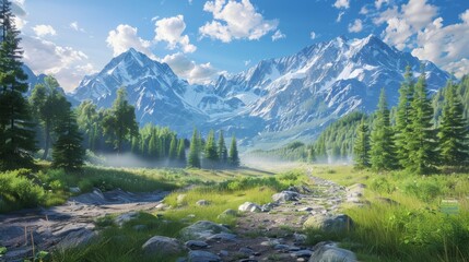 Photo of a realistic alpine valley. Photo style. In the foreground is a valley with a path. Then there was the forest and in the mountains behind, a sunny scene, shadows on the side.