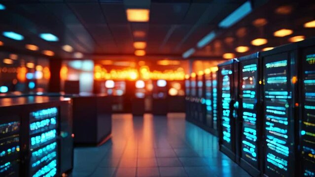 A server room full of rack-mounted servers with blinking lights.