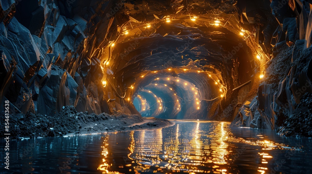 Poster underground mine tunnel with reflections. underground mine tunnel illuminated with lights, creating 
