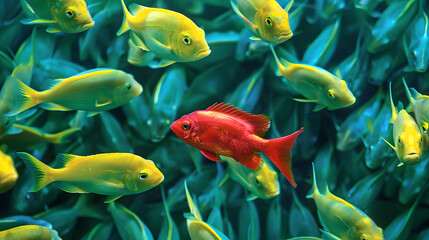 Fototapeta premium red fish and yellow fish in school of green fish