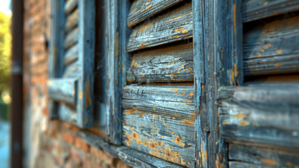 Closeup of weathered wooden shutters with peeling blue paint.