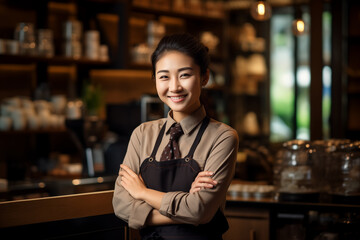 Naklejka premium Happy Asian Barista at Coffee Counter. Happy Asian barista at a coffee counter, smiling and ready to take orders, enhancing the friendly environment of the cafe.