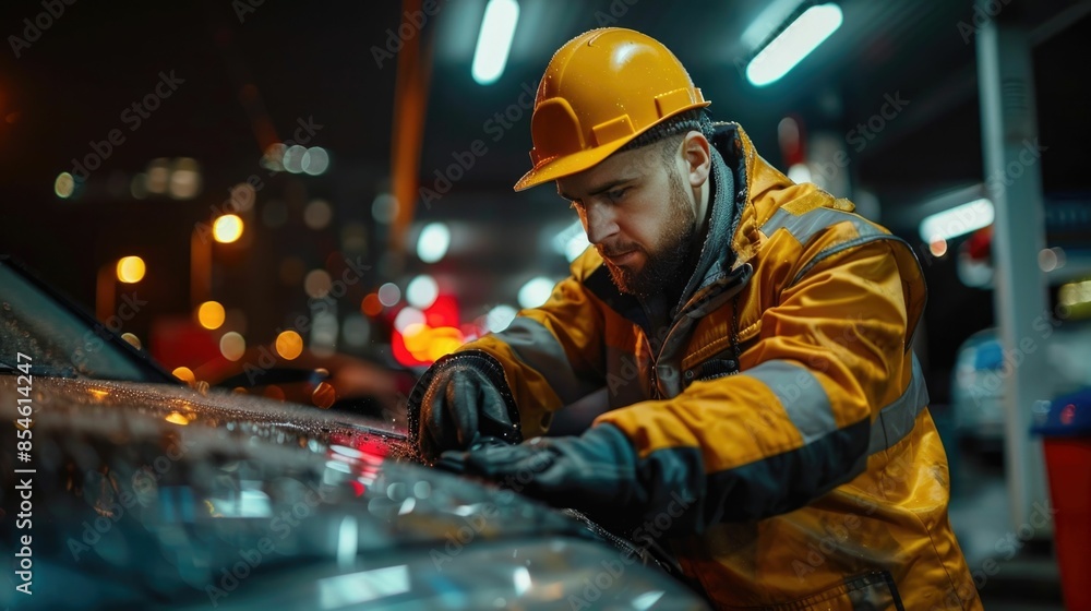 Poster skilled mechanic in uniform checking and inspecting engine oil level of car at local service station