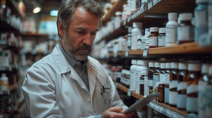 Fototapeta premium Pharmacist Checking Stock on Tablet. Male pharmacist uses a tablet to check stock while standing in a pharmacy aisle filled with medication bottles and health products.