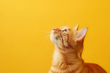 Playful orange tabby cat looking up against a vibrant yellow background. Ideal for pet and playful-themed projects.