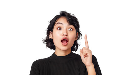 Obraz premium Surprised Woman Pointing Up with Both Hands