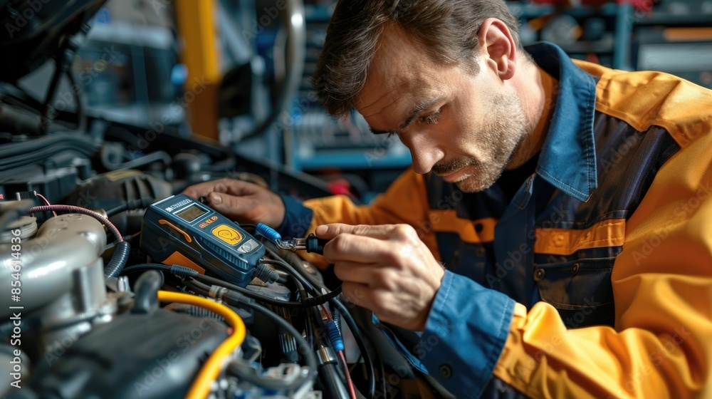 Aufkleber skilled mechanic performing diagnostic check on car engine to identify and resolve issues automobile