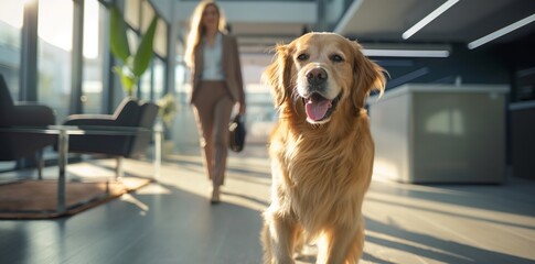 Golden retriever in an office setting, symbolizing a friendly and pet-friendly workplace. Ideal for office and pet-themed projects.