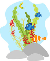 Obraz premium Underwater Seaweeds And Fish Illustration