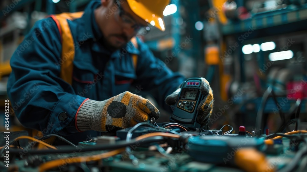 Poster skilled mechanic carefully inspecting and testing car battery using professional multimeter tool in 