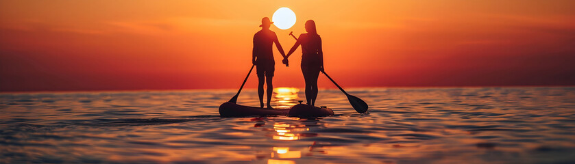 Romantic Sunset Paddleboarding for Adventurous Couple in Serene Outdoor Setting - Powered by Adobe