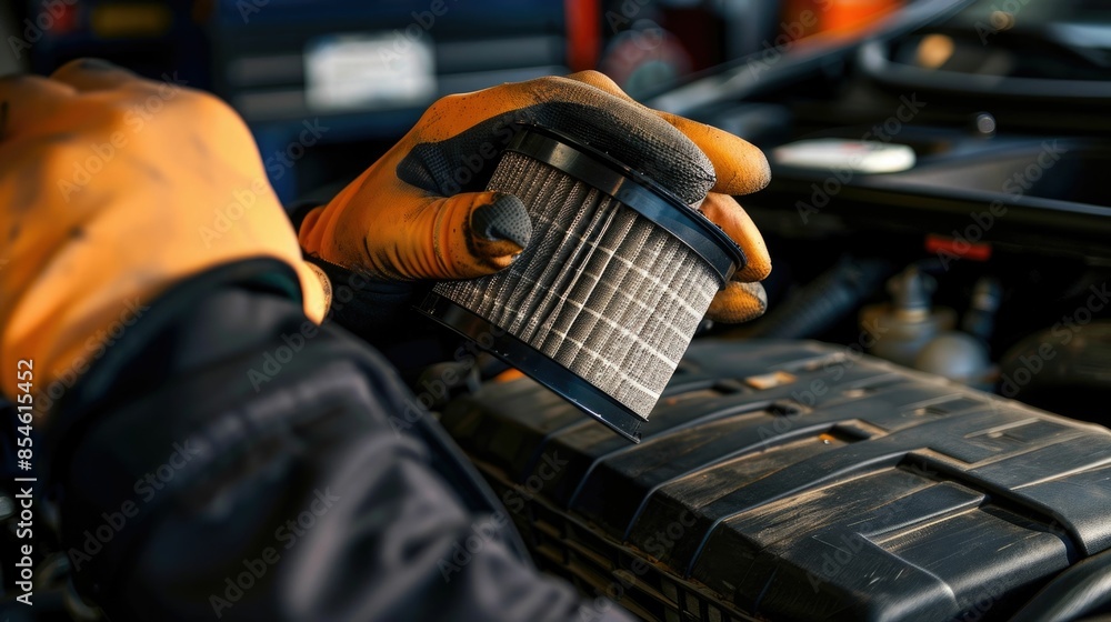 Poster skilled mechanic carefully cleaning car s air filter as part of a routine maintenance check to ensur