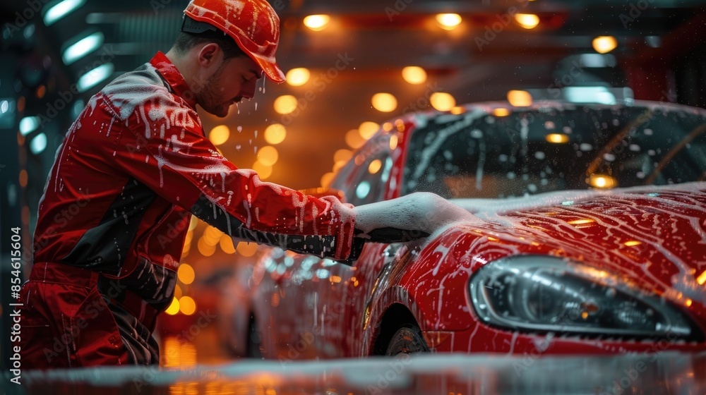 Poster skilled mechanic using professional equipment and soap solution to thoroughly clean and detail a vib