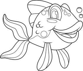 Outlined Cute Fish Cartoon Character Swims Underwater. Vector Hand Drawn Illustration Isolated On Transparent Background