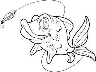Outlined Cute Fish Cartoon Character Catching The Fishing Lure. Vector Hand Drawn Illustration Isolated On Transparent Background