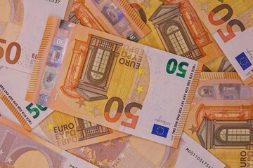 Closeup of fifty euro notes.