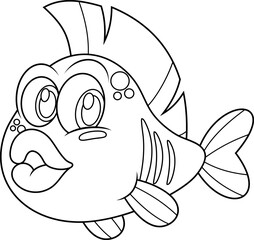 Outlined Cute Fish Cartoon Character Swims Underwater. Vector Hand Drawn Illustration Isolated On Transparent Background