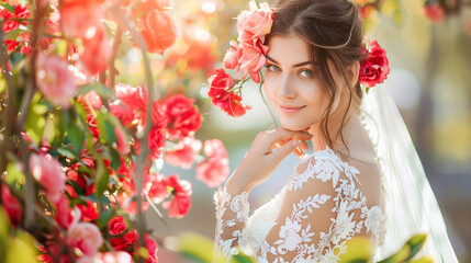 Naklejka premium bride in the garden with flowers