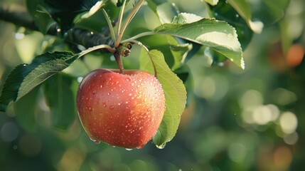 Ripe red apple hanging from the tree