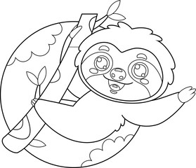 Outlined Cute Baby Sloth Cartoon Character. Vector Hand Drawn Illustration Isolated With Background
