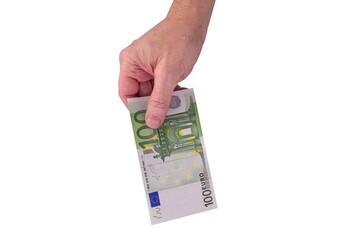 Closeup of male hand holding hundred euro note on isolated on white background.