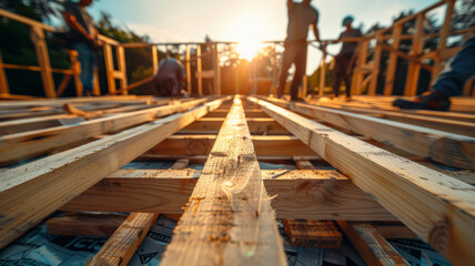Construction workers building a wooden framework at a site.