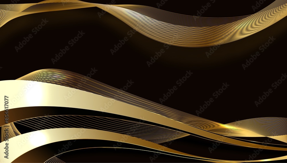 Poster abstract 3d black background with gold lines curved wavy sparkle with copy space for text. luxury st
